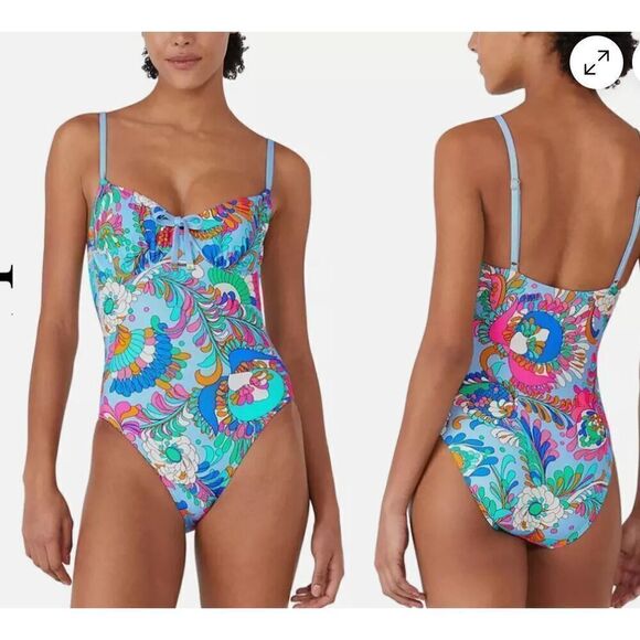 KATE SPADE Cinch Tie Front Soft Underwire Cups Swimsuit SPRING WATER/BLUE S $144 - Picture 2 of 16